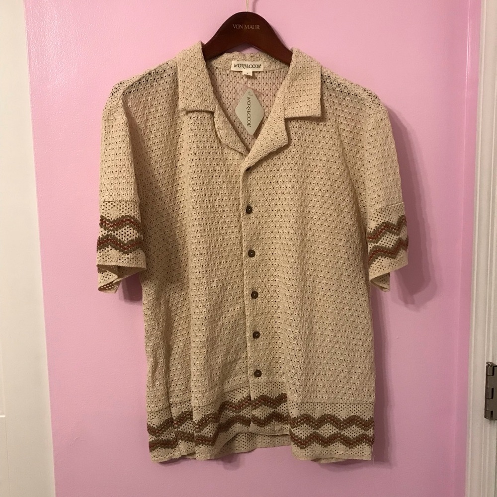 Morse Code short sleeved crochet button down shirt with collar